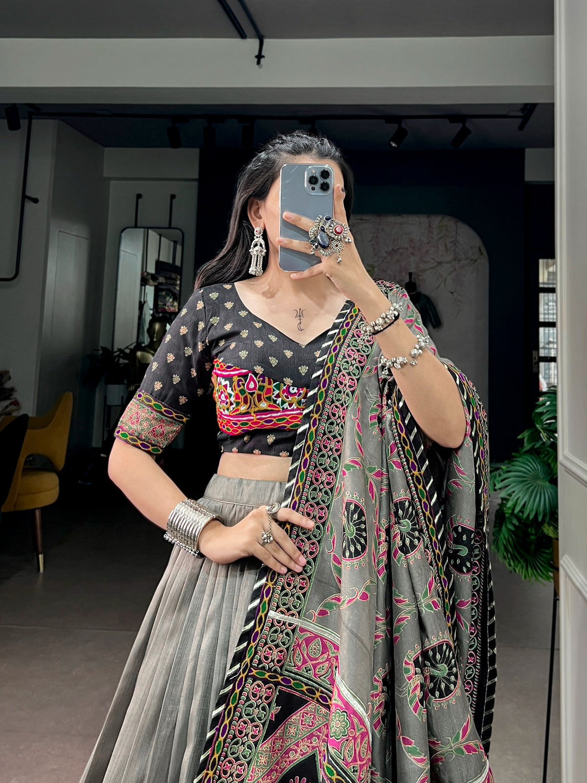 Tasar Silk Printed Gamthi Lehenga Set | Tulip Designer
