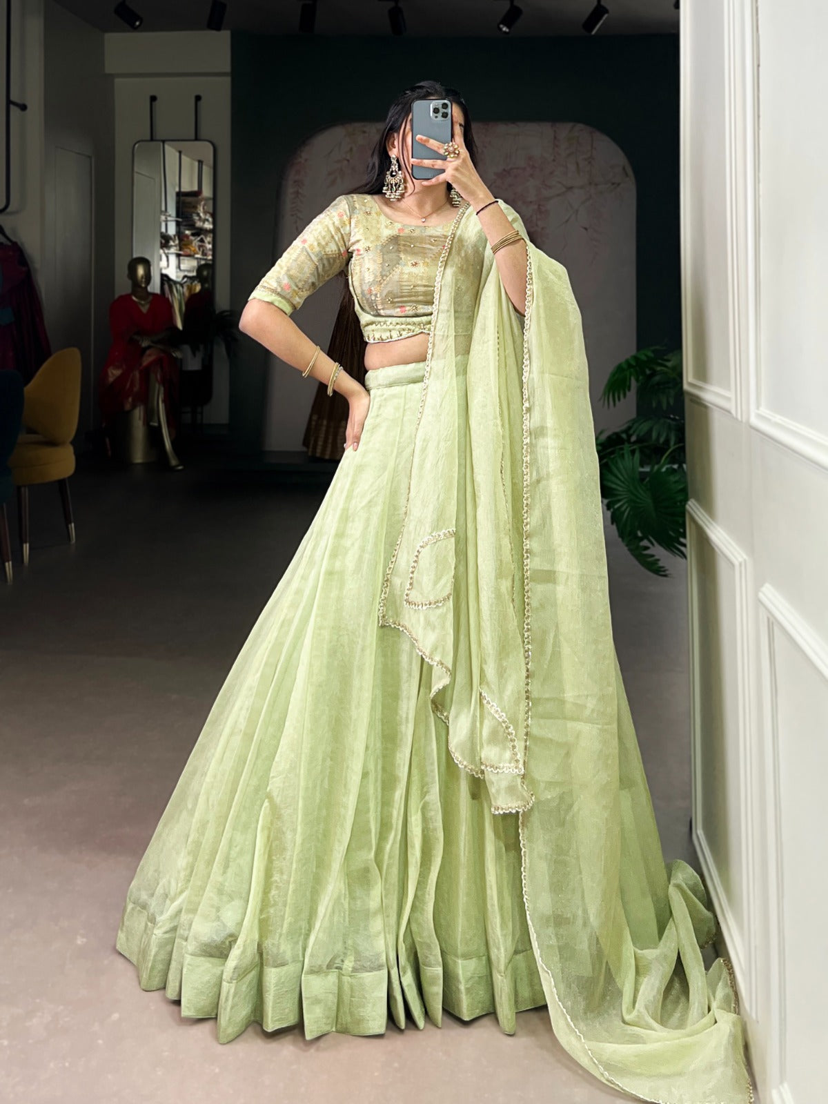 Elegant Tea-Shade Allen Crush Lehenga Choli Set With Dupatta