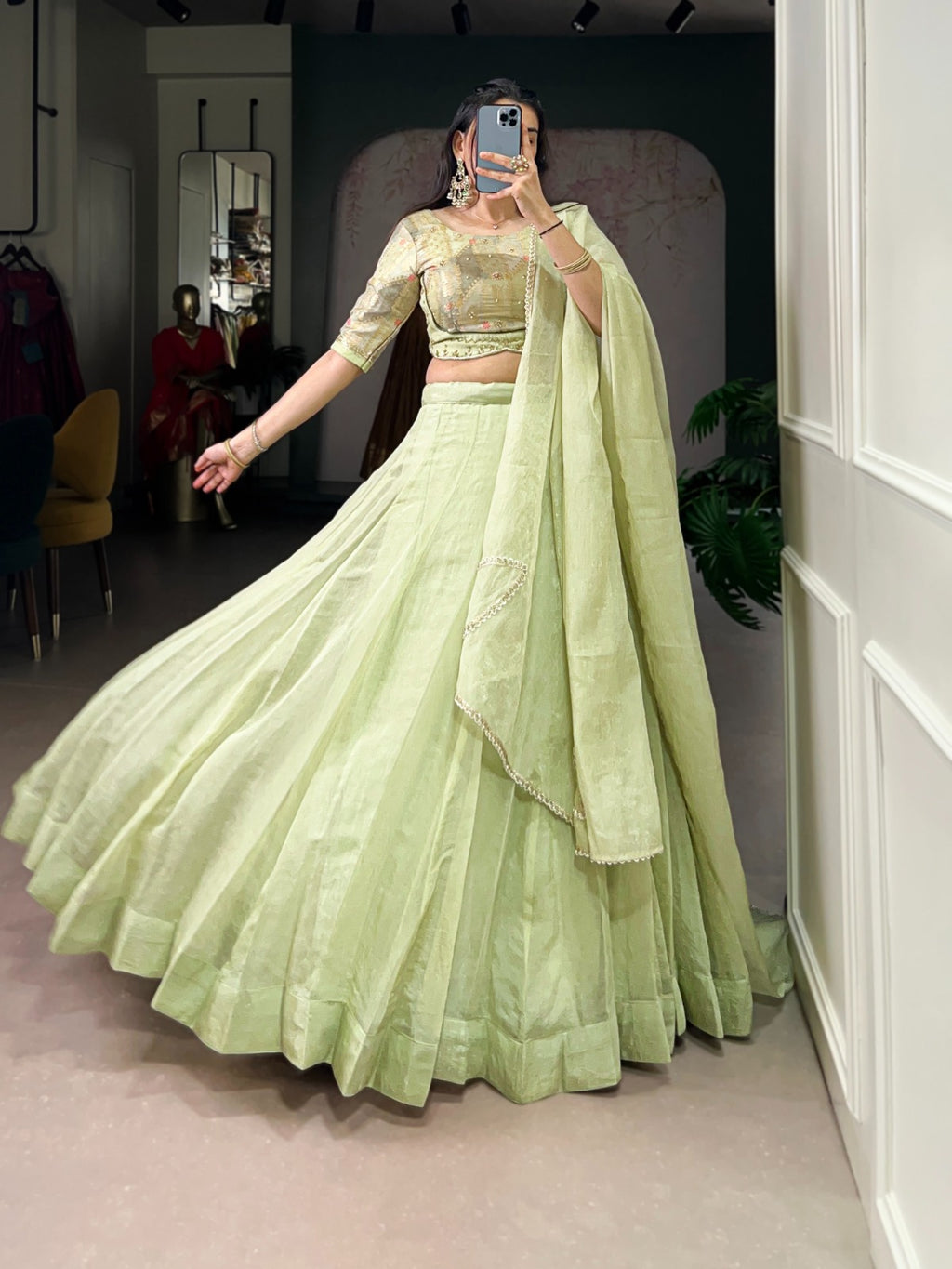 Elegant Tea-Shade Allen Crush Lehenga Choli Set With Dupatta