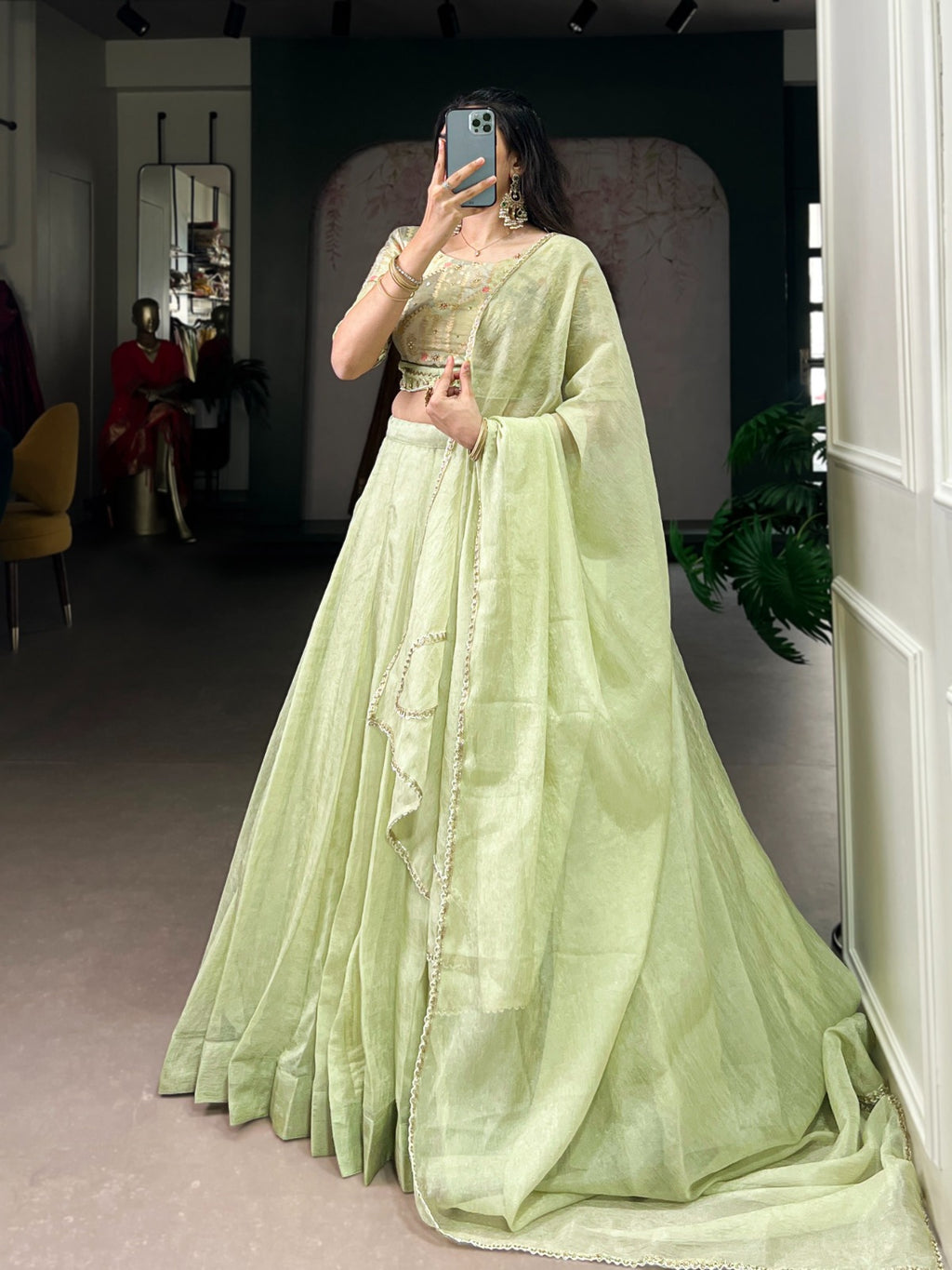 Elegant Tea-Shade Allen Crush Lehenga Choli Set With Dupatta