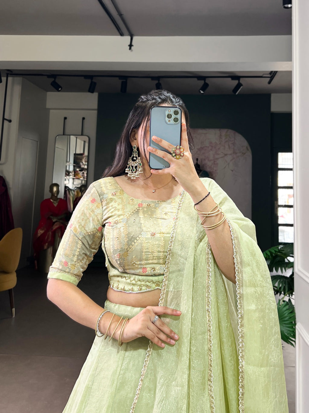 Elegant Tea-Shade Allen Crush Lehenga Choli Set With Dupatta