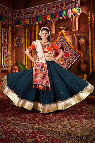 Teal Blue Mirror Chaniya Choli Set for Dandiya Night