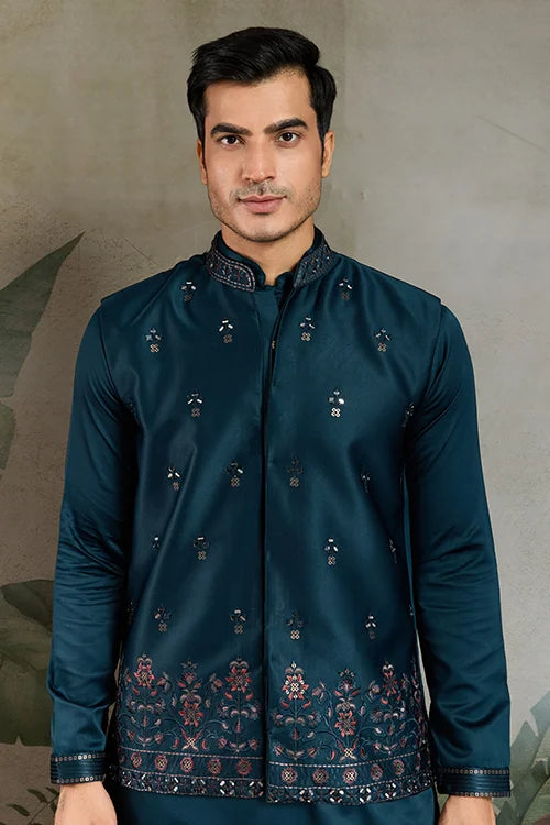 Teal Blue Embroidered Kurta Koti Set for Men