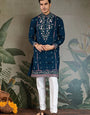 Teal Blue Embroidered Fancy Kurta for Men