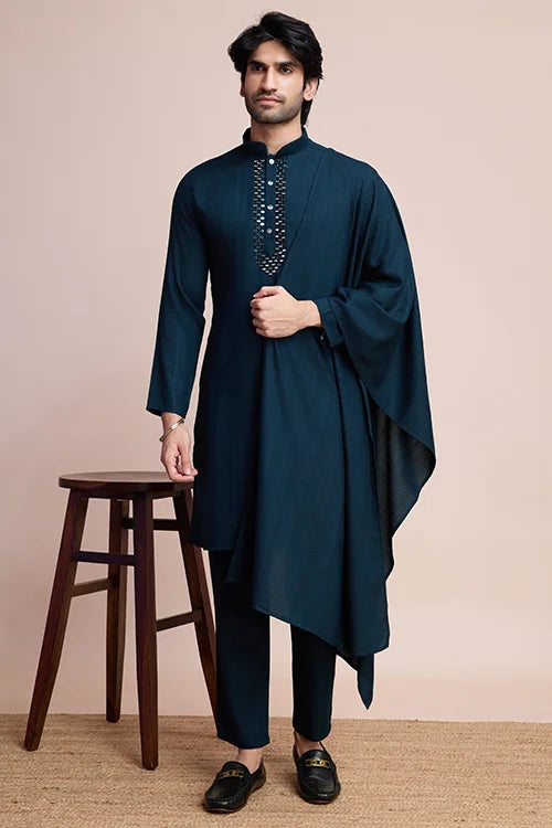 Teal Blue Kurta Set for Men with Mirror Work Design