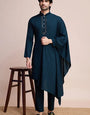 Teal Blue Kurta Set for Men with Mirror Work Design