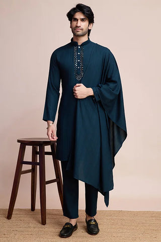 Teal Blue Kurta Set for Men with Mirror Work Design