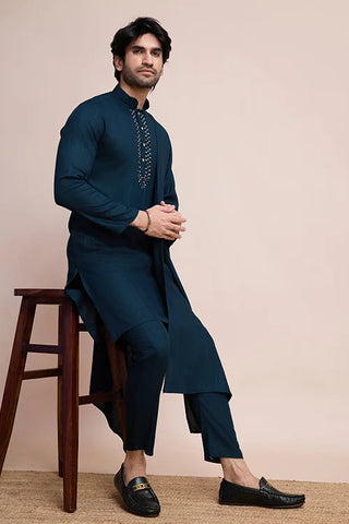 Teal Blue Kurta Set for Men with Mirror Work Design