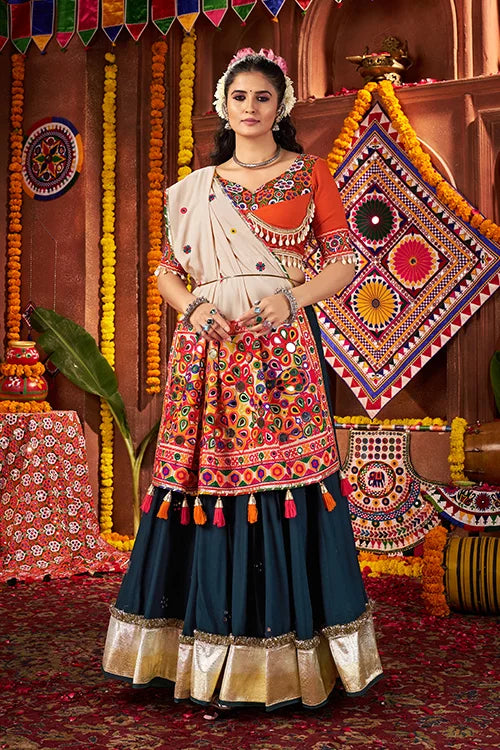 Teal Blue Mirror Chaniya Choli Set for Dandiya Night