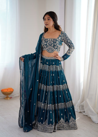 Designer Teal Blue Faux Georgette Flaired Lehenga Choli Set With Dupatta
