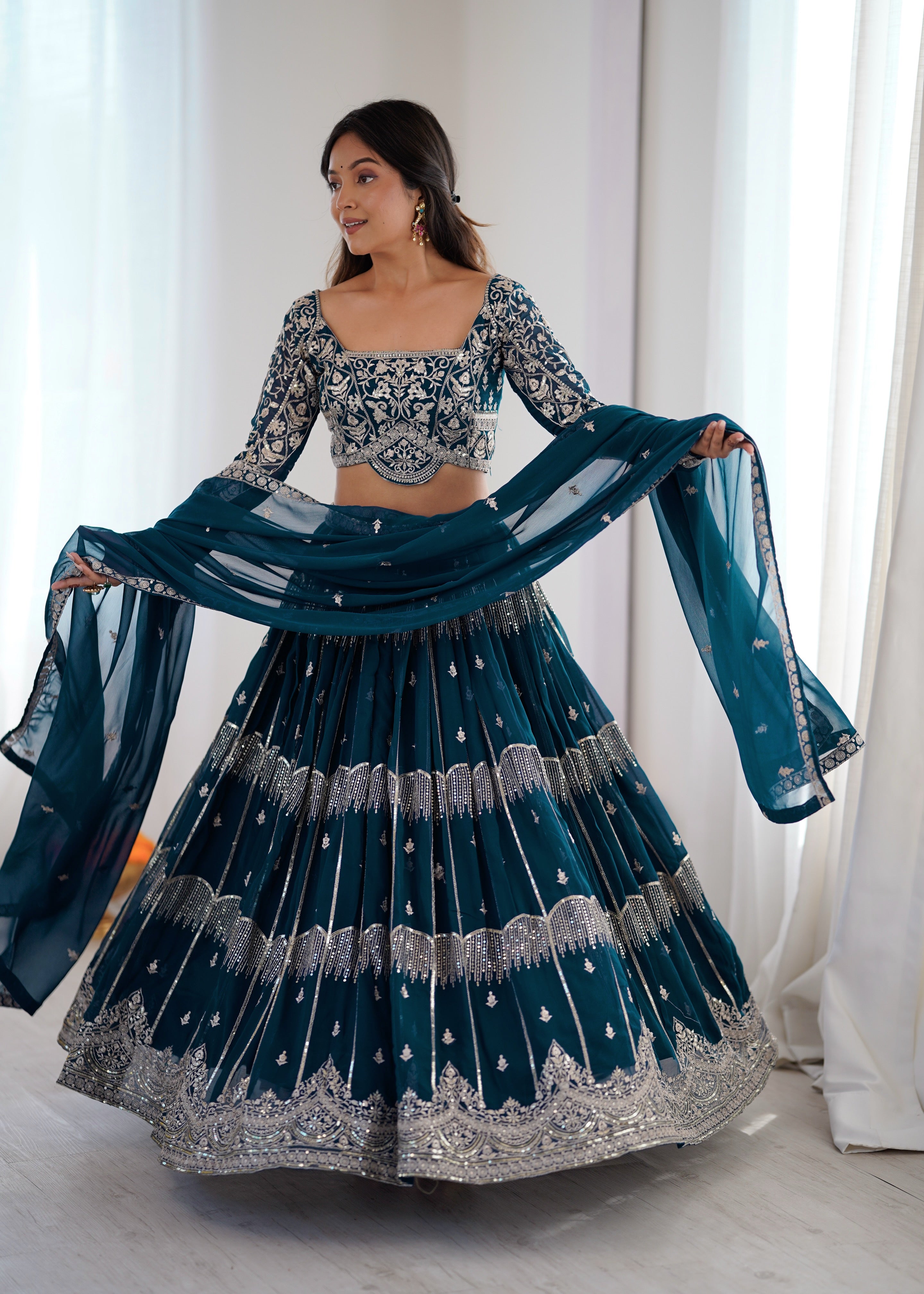 Designer Teal Blue Faux Georgette Flaired Lehenga Choli Set With Dupatta