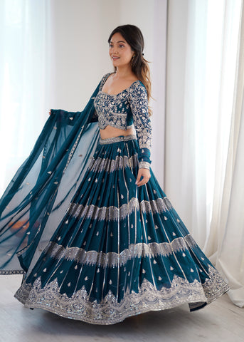 
Designer Teal Blue Faux Georgette Flaired Lehenga Choli Set With Dupatta
