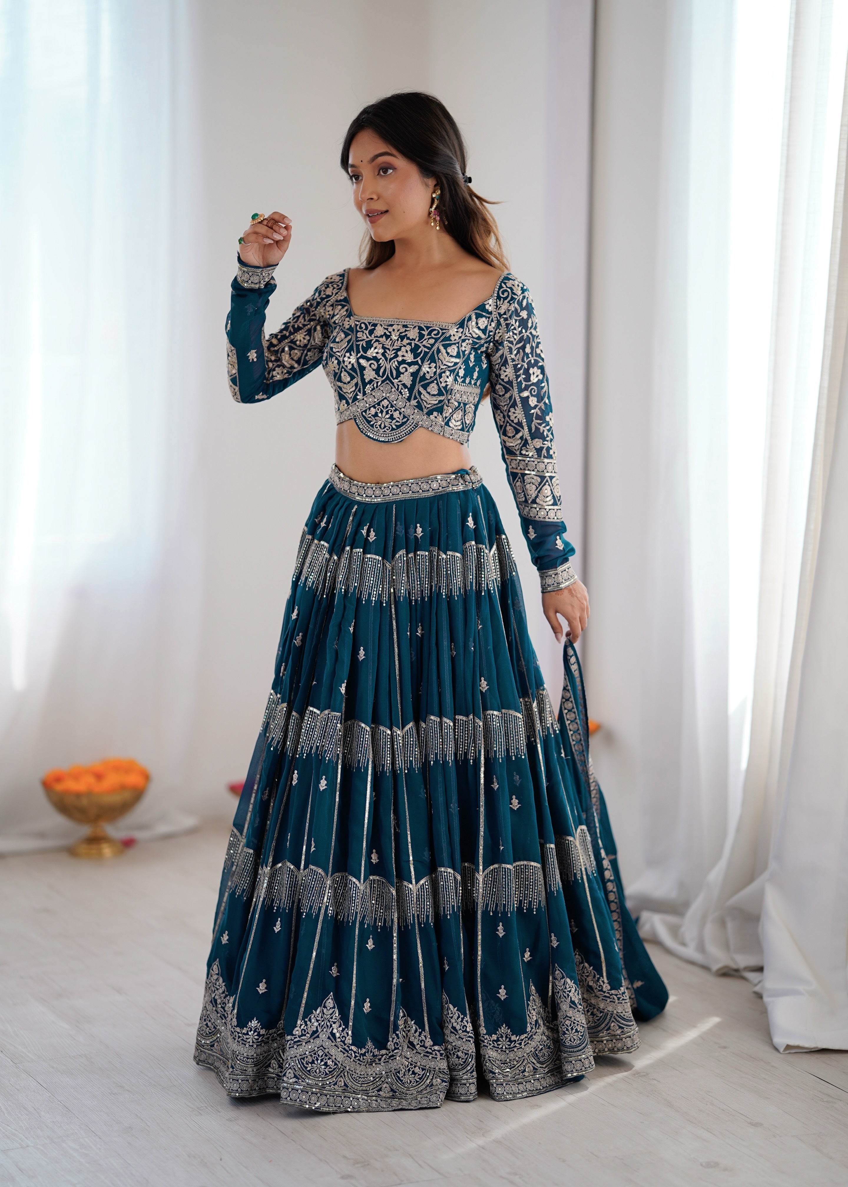 Designer Teal Blue Faux Georgette Flaired Lehenga Choli Set With Dupatta