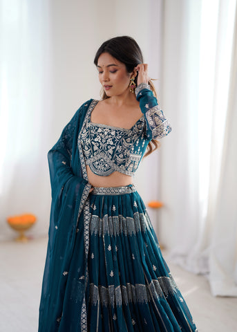 Designer Teal Blue Faux Georgette Flaired Lehenga Choli Set With Dupatta