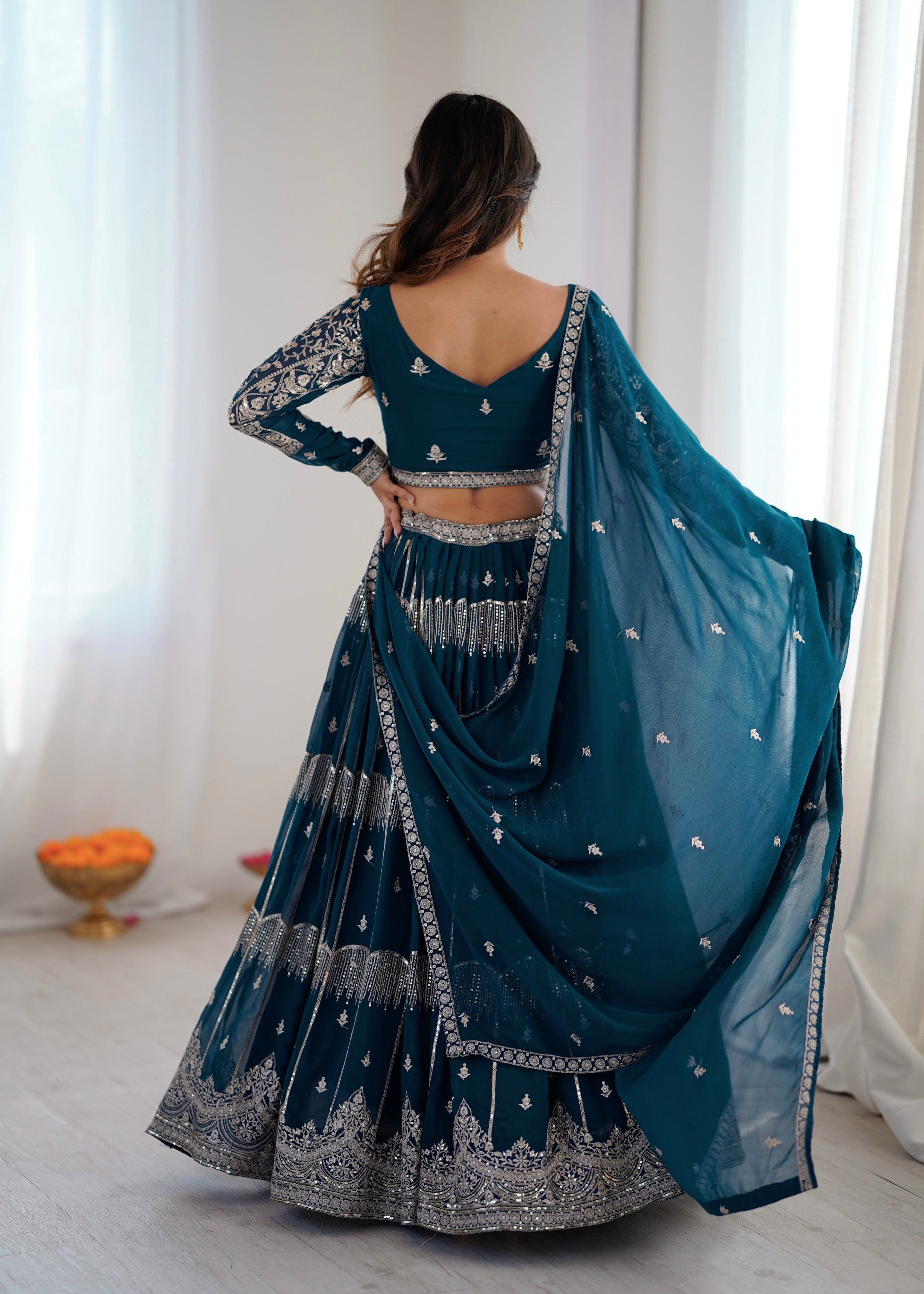 Designer Teal Blue Faux Georgette Flaired Lehenga Choli Set With Dupatta