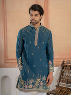 Stylish Teal Blue Roman Shimmer Golden Sequence Work Kurta Set