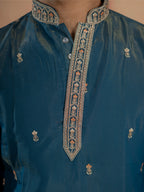 Stylish Teal Blue Roman Shimmer Golden Sequence Work Kurta Set