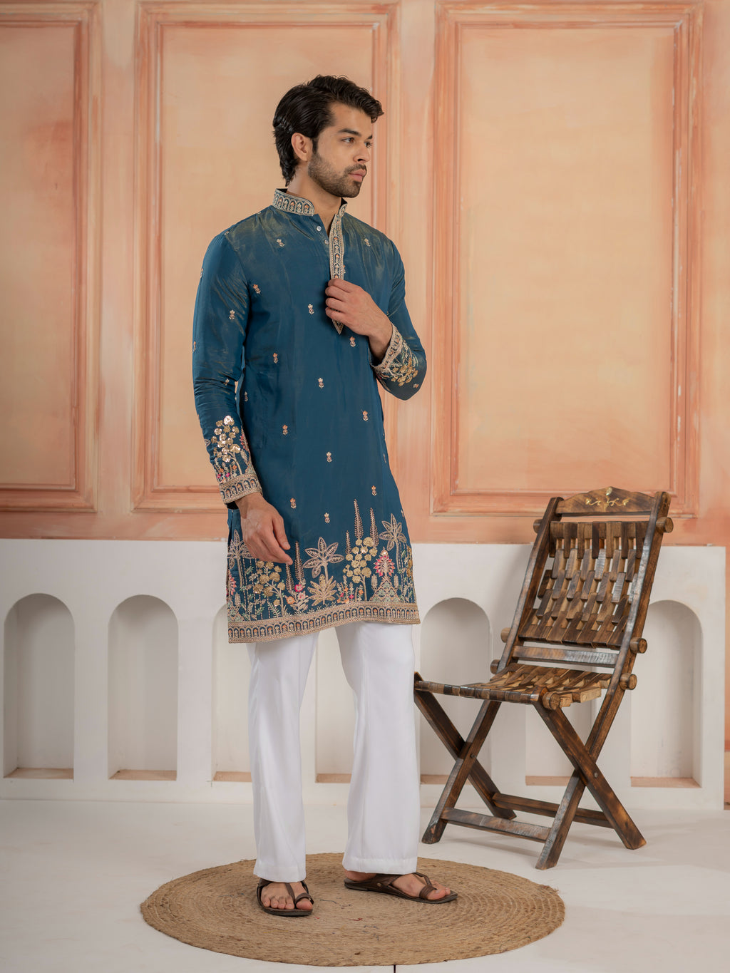 Stylish Teal Blue Roman Shimmer Golden Sequence Work Kurta Set