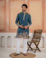 Stylish Teal Blue Roman Shimmer Golden Sequence Work Kurta Set