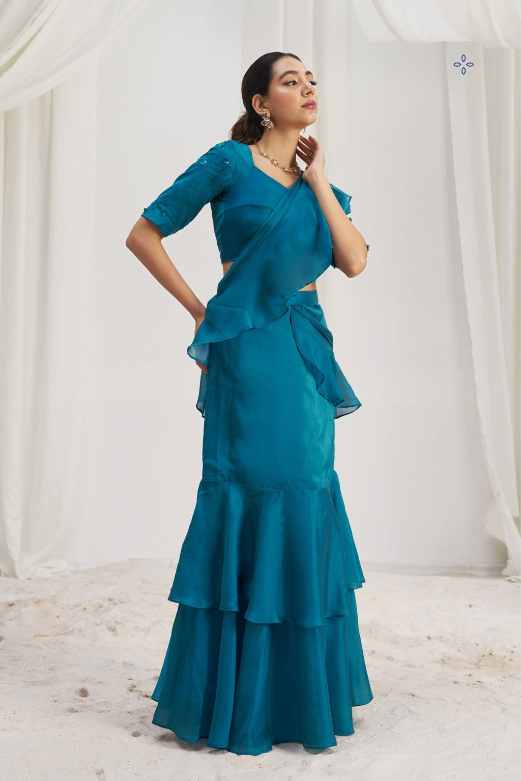 Teel Blue Organza Ruffle Saree Set