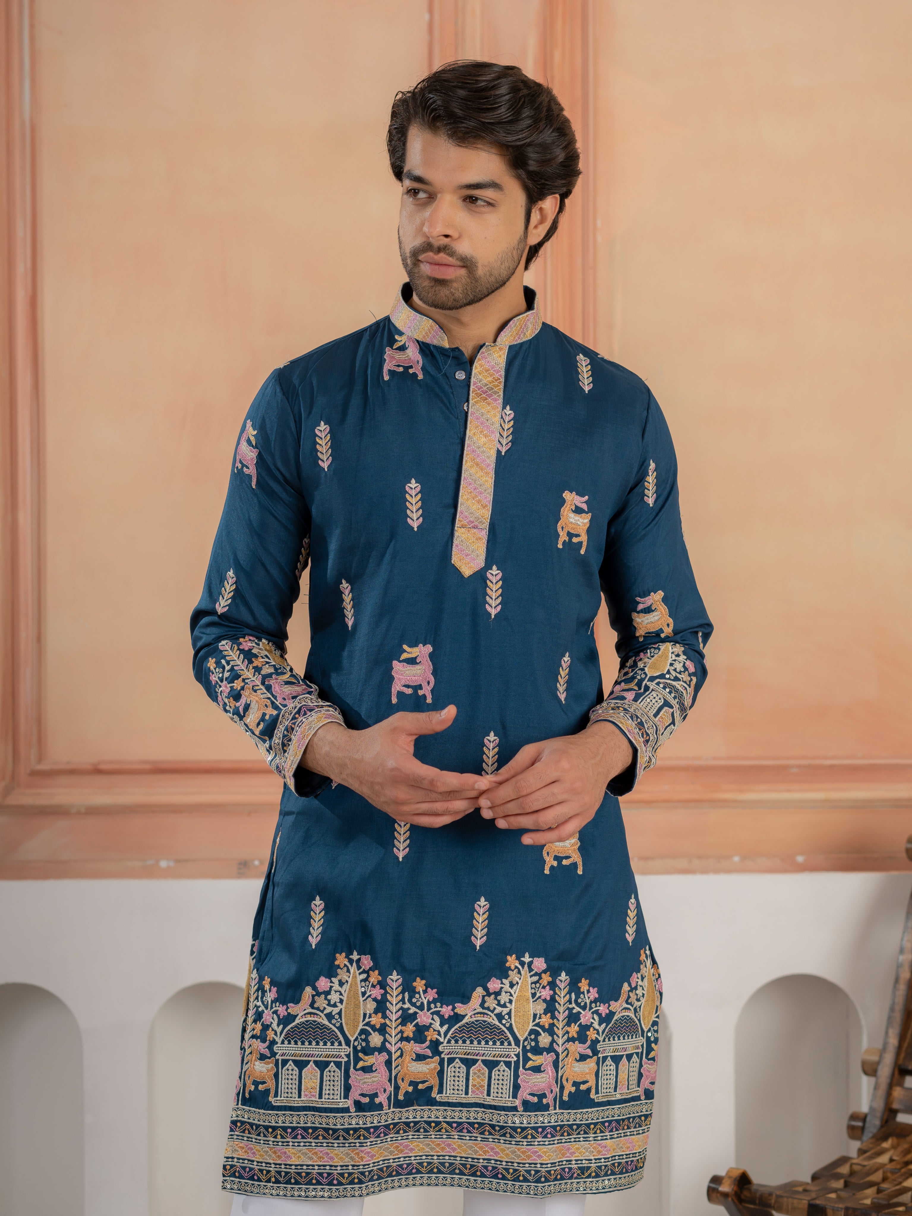 Elegant Teal Blue Soft Silk Embroidery Kurta For Festive Wear
