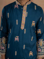 Elegant Teal Blue Soft Silk Embroidery Kurta For Festive Wear

