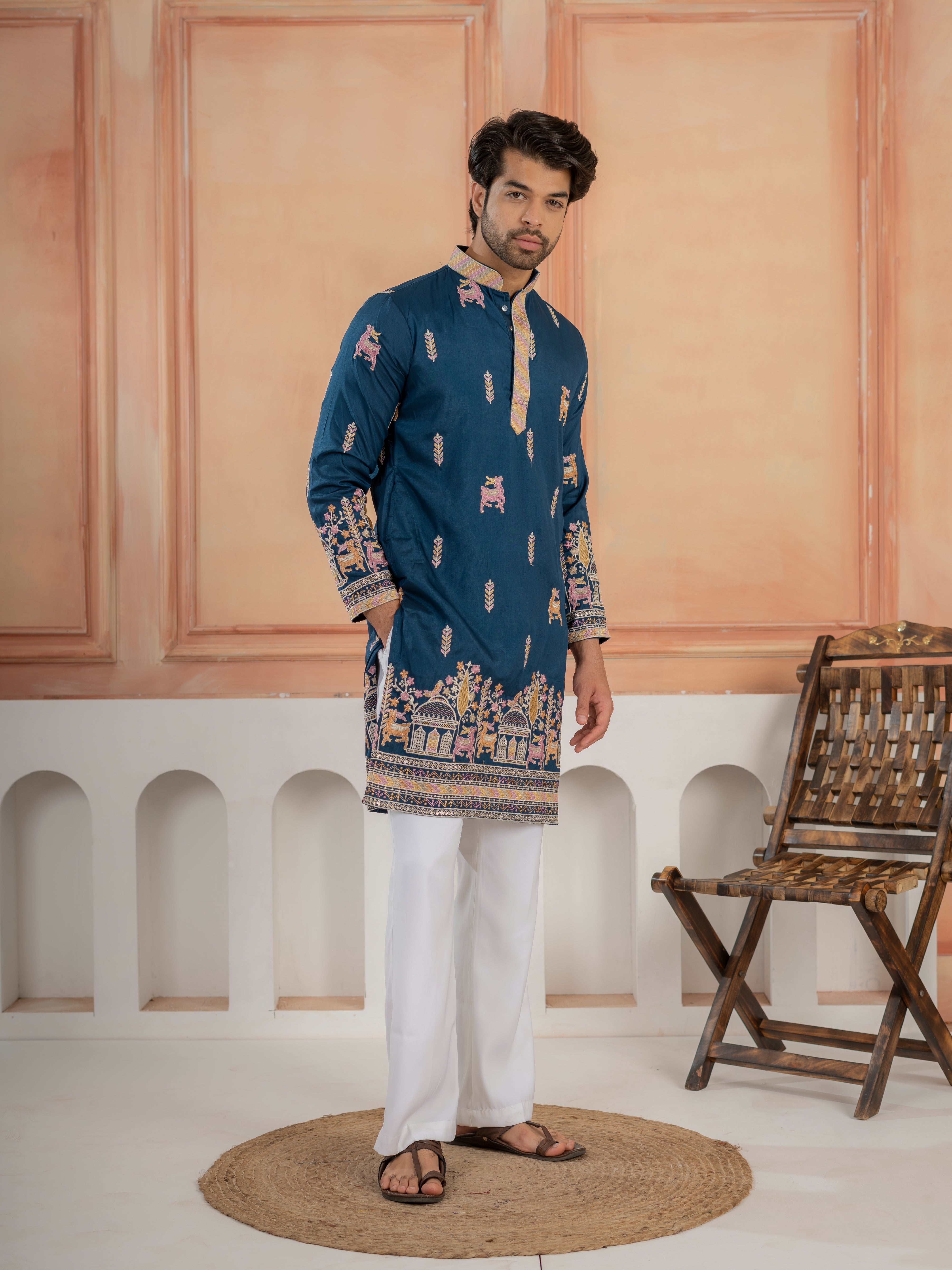 Elegant Teal Blue Soft Silk Embroidery Kurta For Festive Wear
