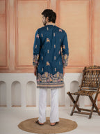 Elegant Teal Blue Soft Silk Embroidery Kurta For Festive Wear