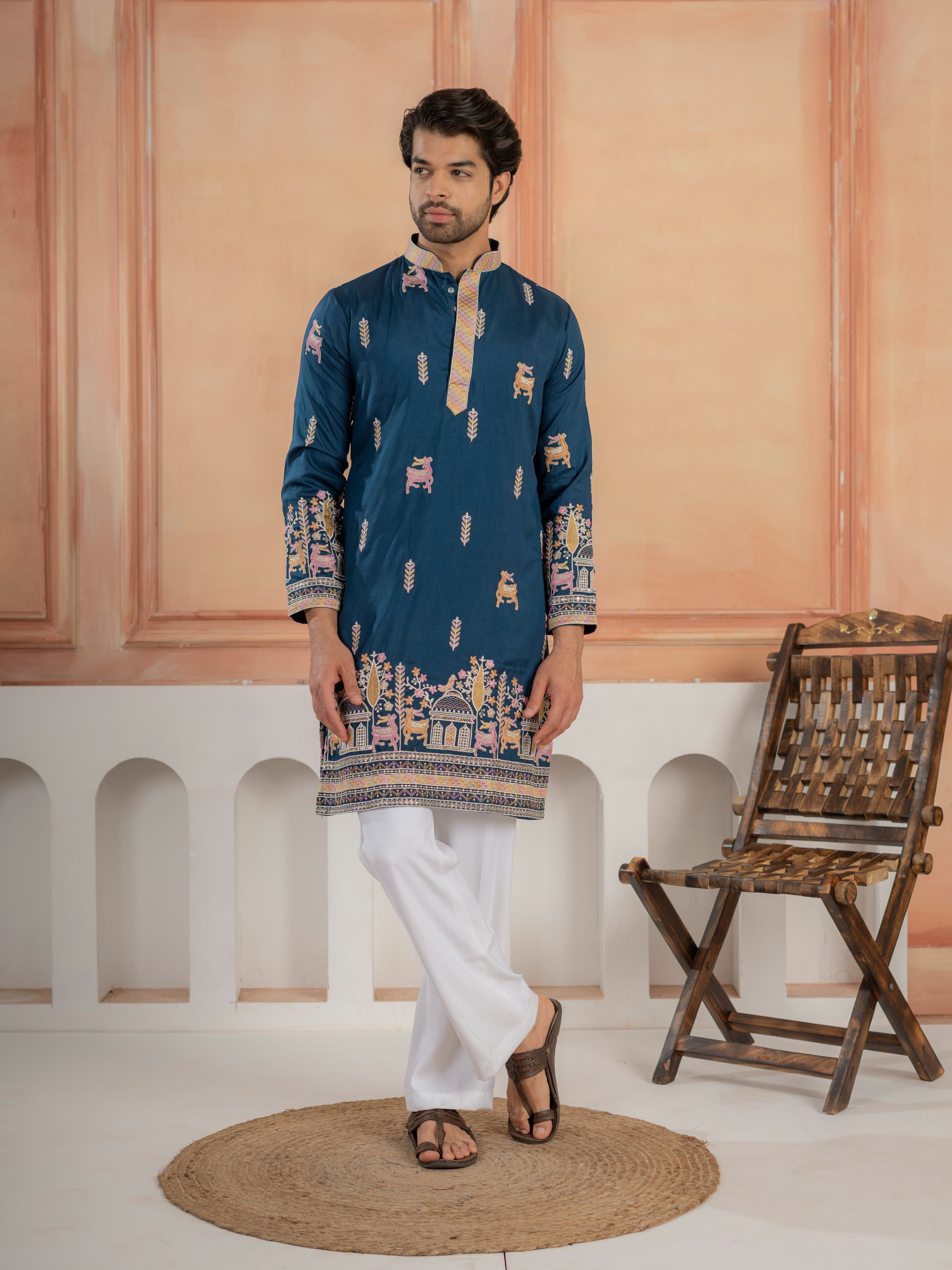 Elegant Teal Blue Soft Silk Embroidery Kurta For Festive Wear
