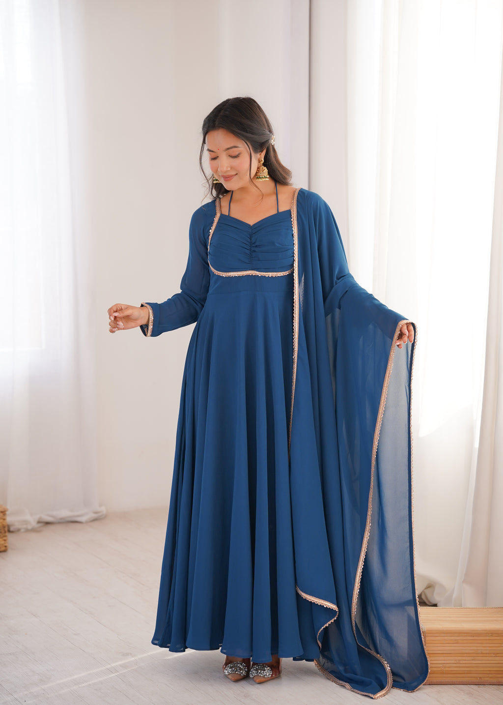 Premium Georgette Teal Blue Anarkali Gown with Dupatta