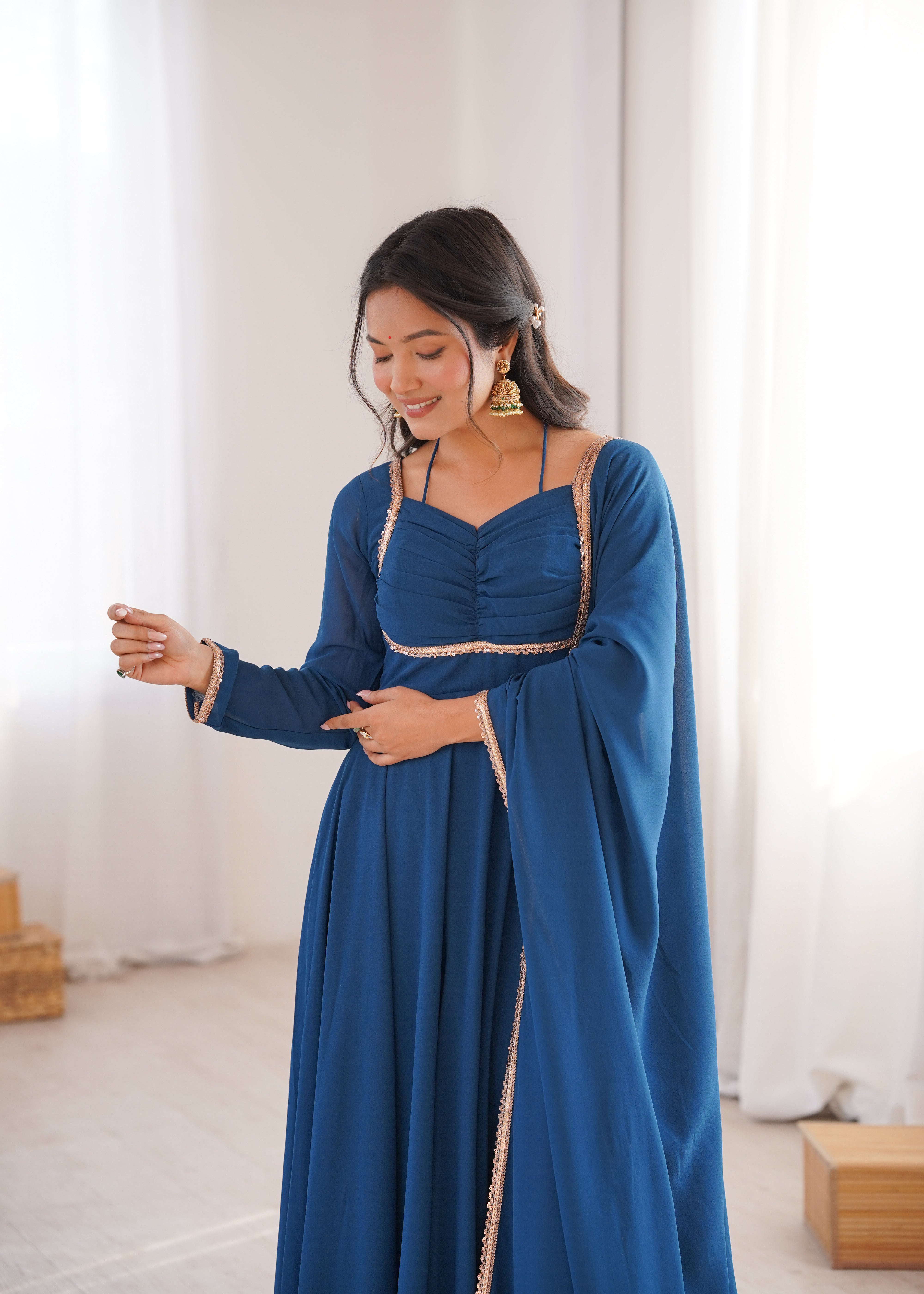 Premium Georgette Teal Blue Anarkali Gown with Dupatta