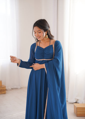 Premium Georgette Teal Blue Anarkali Gown with Dupatta
