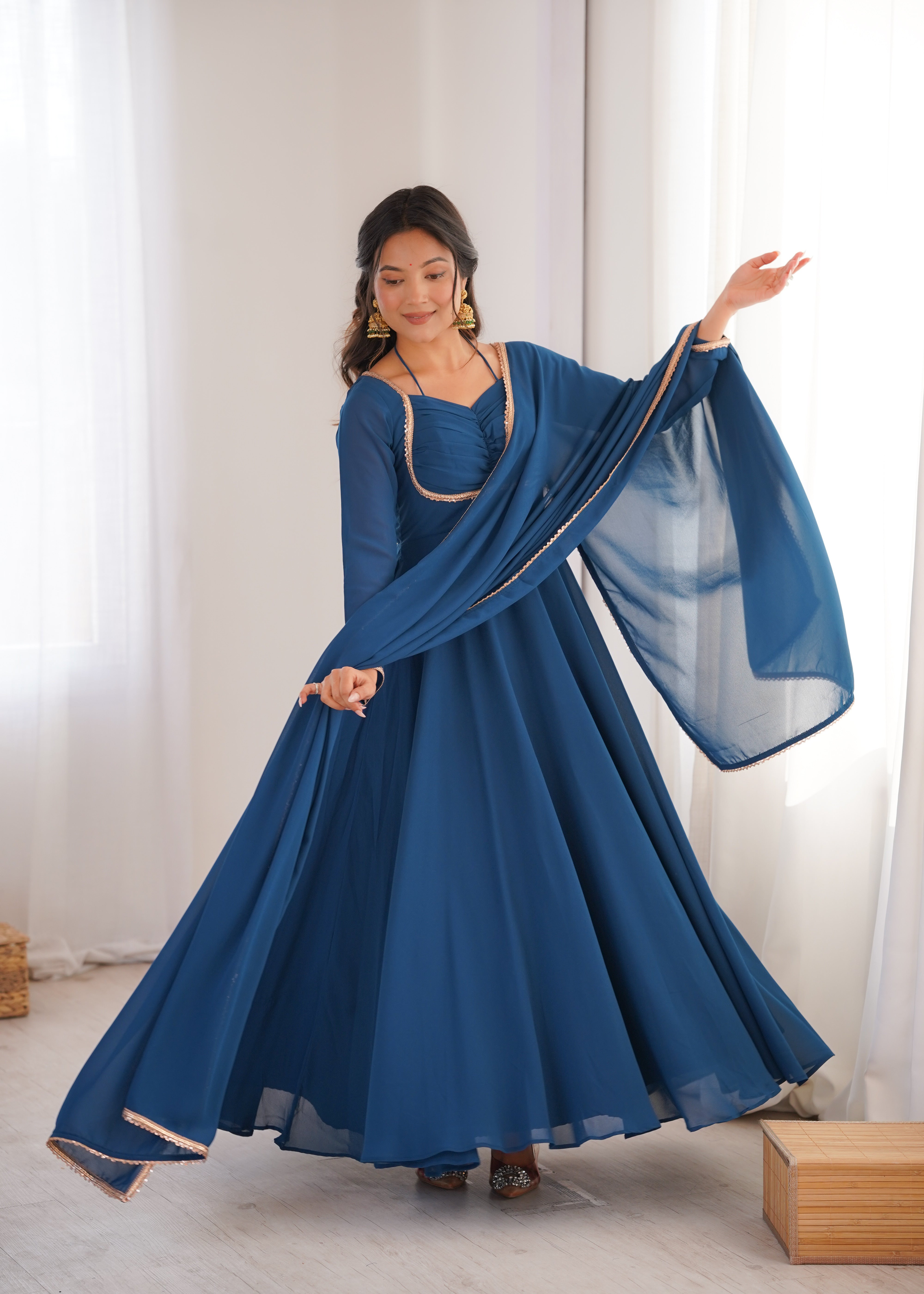 Premium Georgette Teal Blue Anarkali Gown with Dupatta