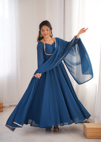 Premium Georgette Teal Blue Anarkali Gown with Dupatta