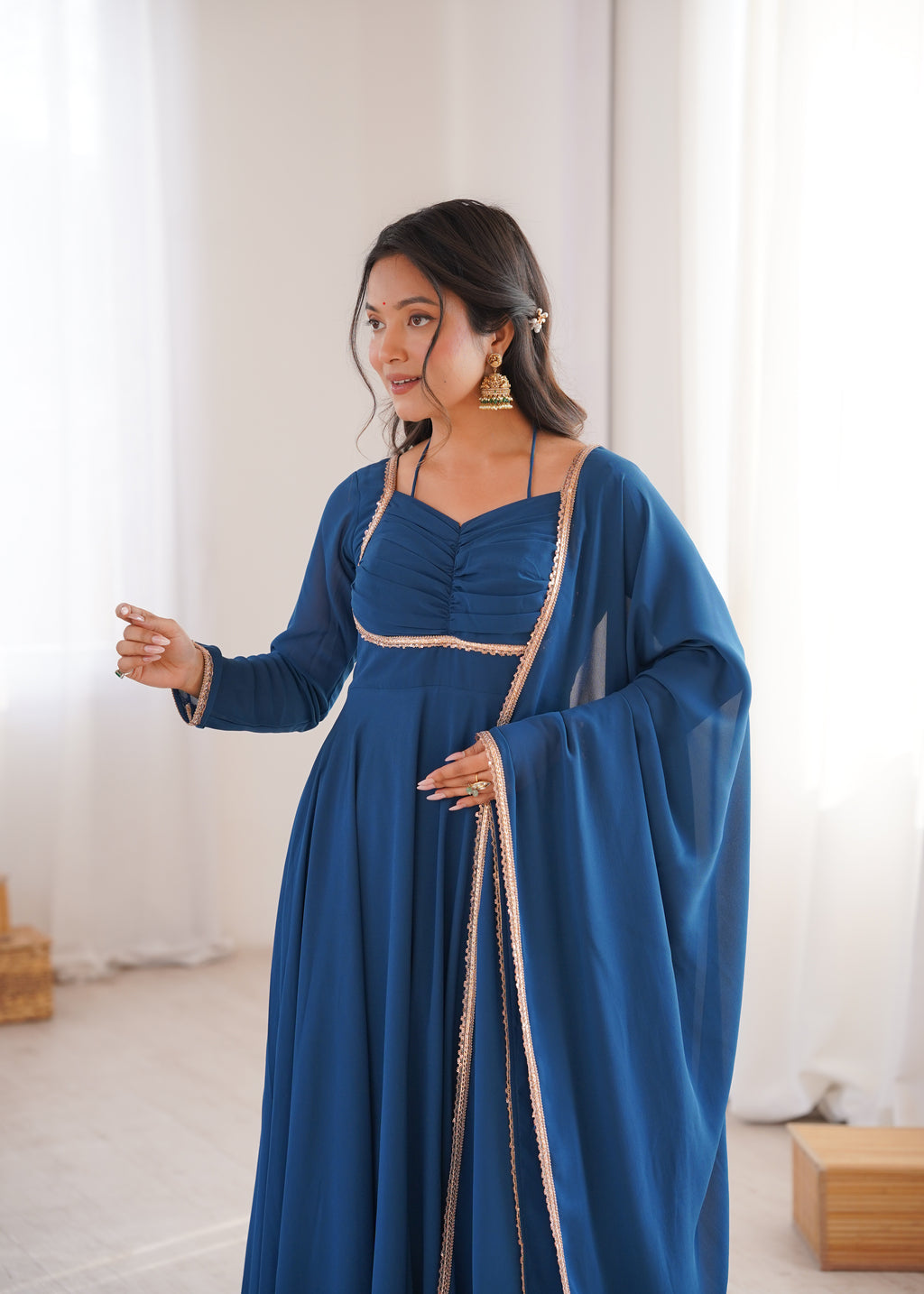 Premium Georgette Teal Blue Anarkali Gown with Dupatta