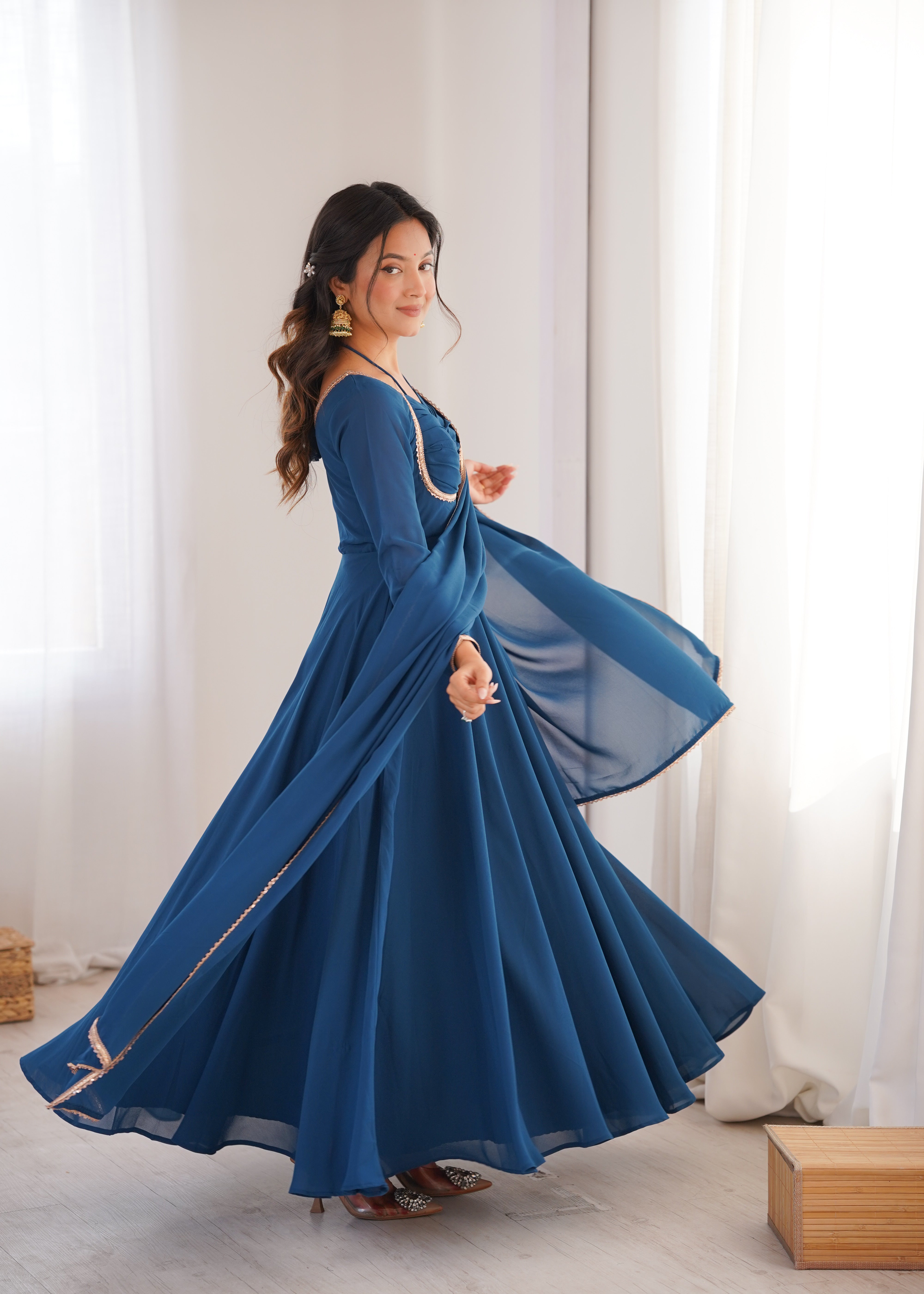 Premium Georgette Teal Blue Anarkali Gown with Dupatta