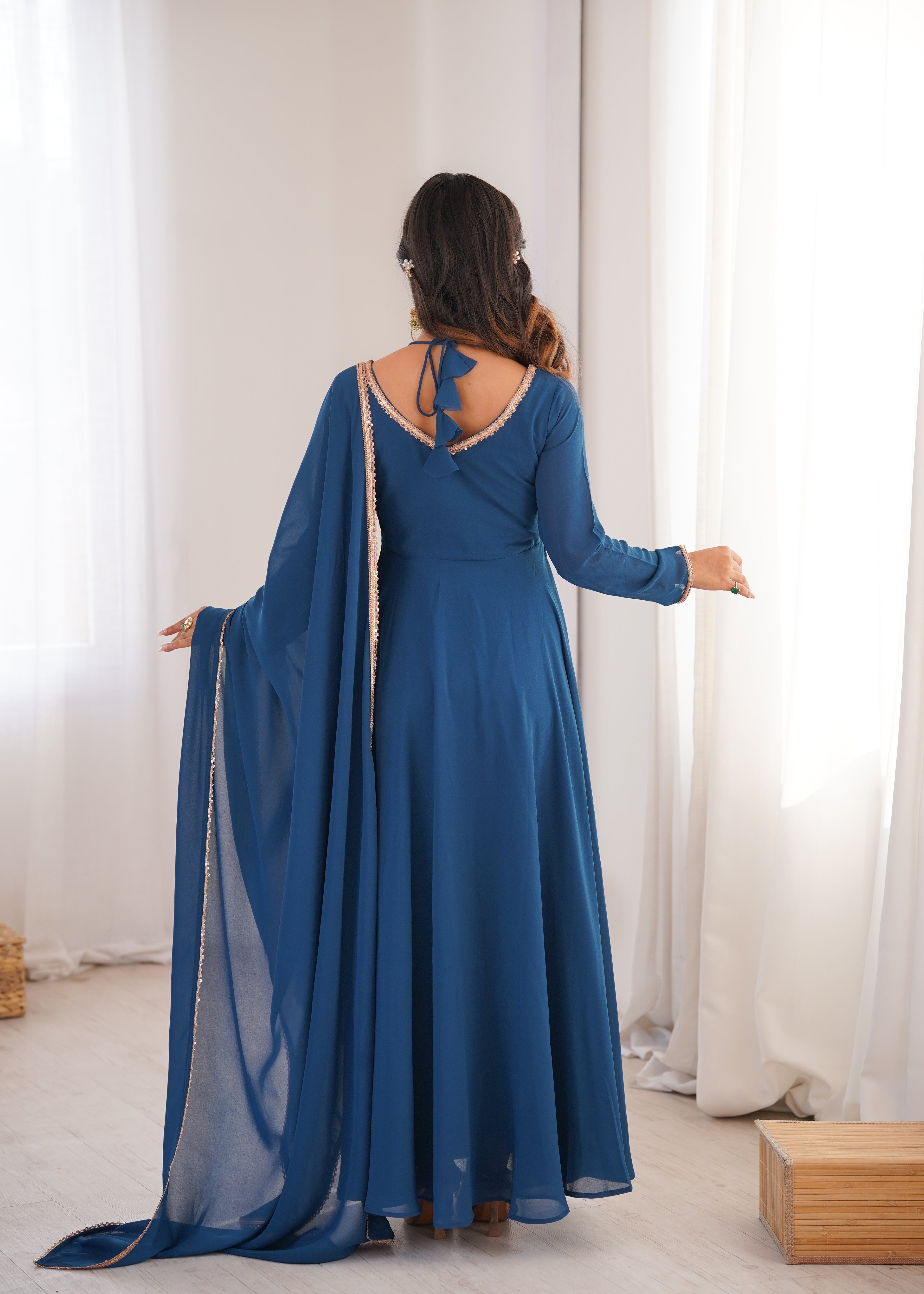 Premium Georgette Teal Blue Anarkali Gown with Dupatta