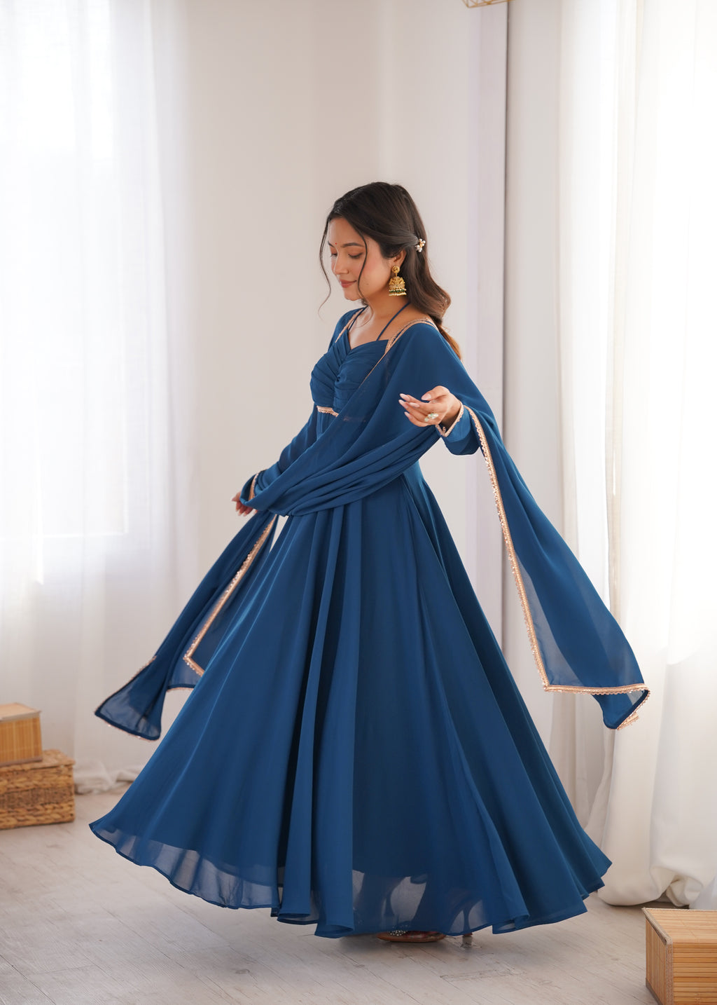 Premium Georgette Teal Blue Anarkali Gown with Dupatta