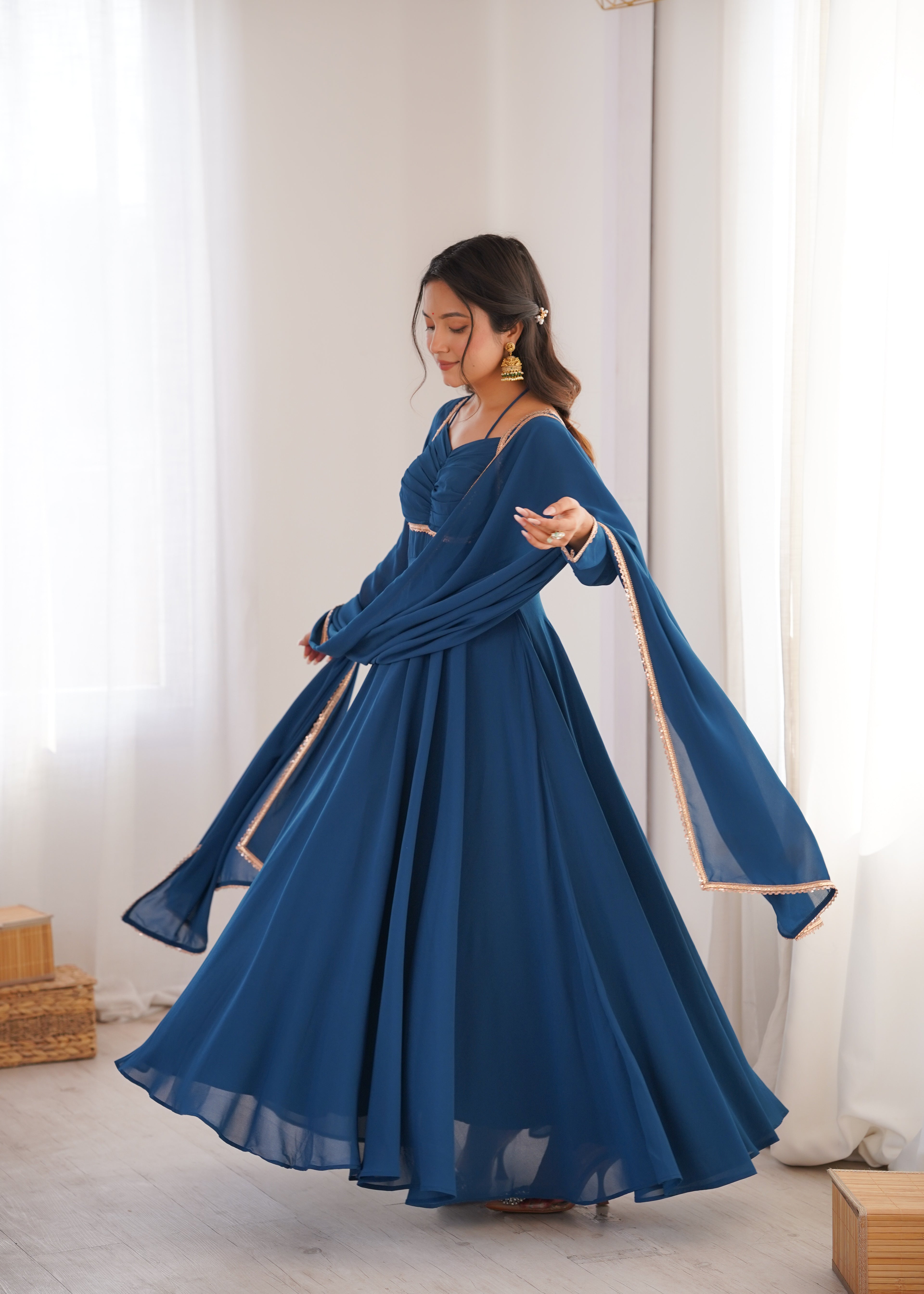 Premium Georgette Teal Blue Anarkali Gown with Dupatta