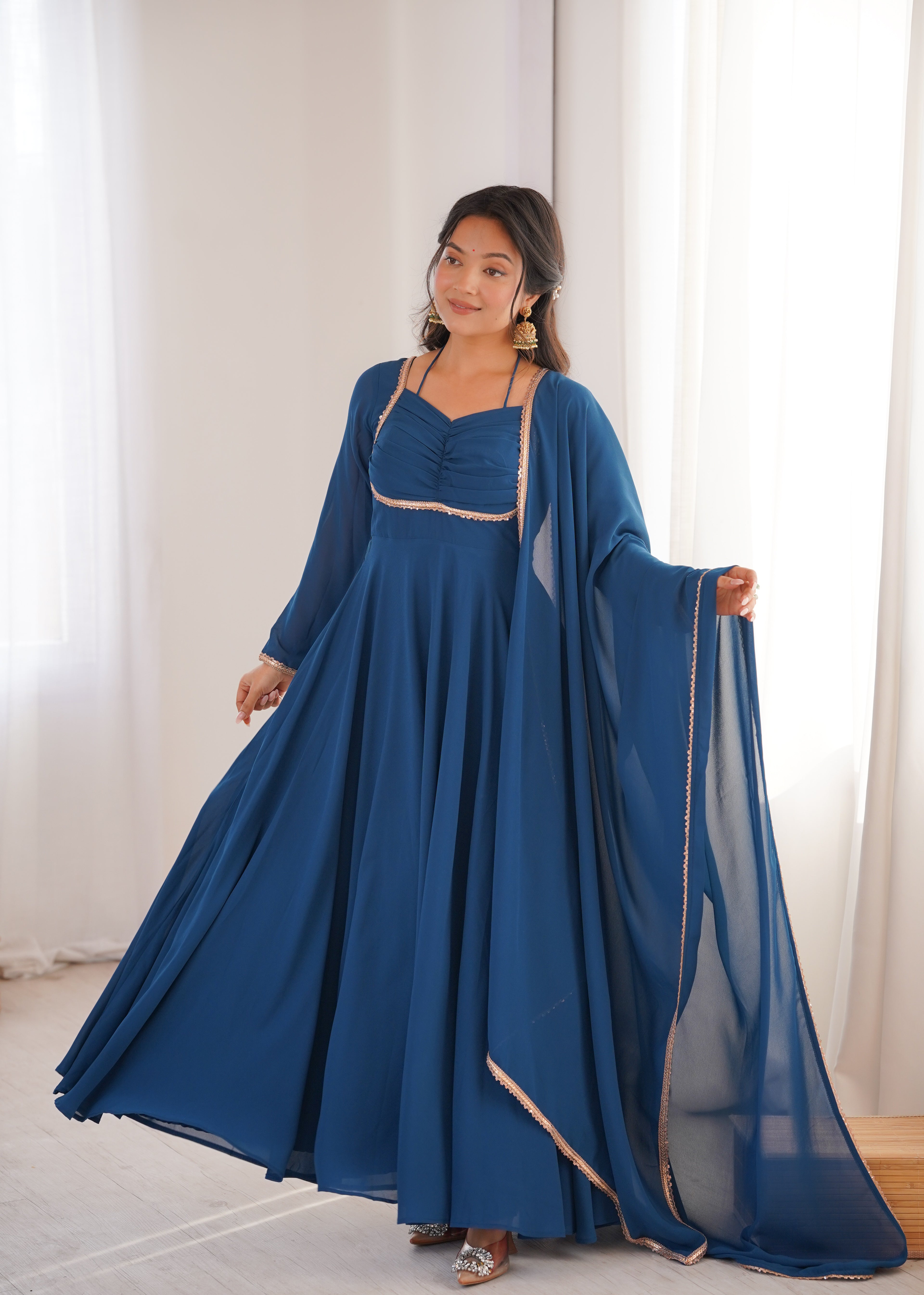 Premium Georgette Teal Blue Anarkali Gown with Dupatta
