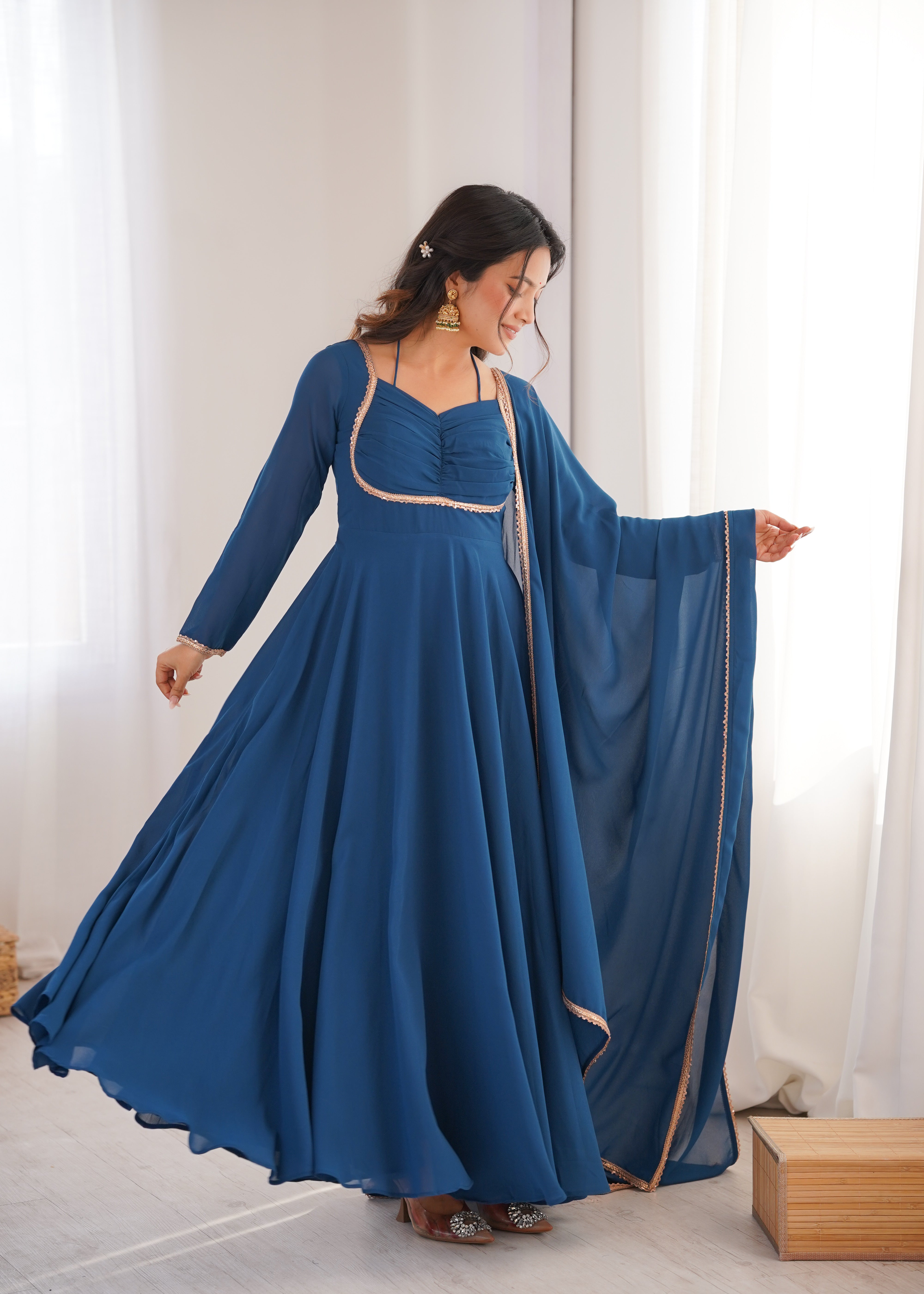 Premium Georgette Teal Blue Anarkali Gown with Dupatta