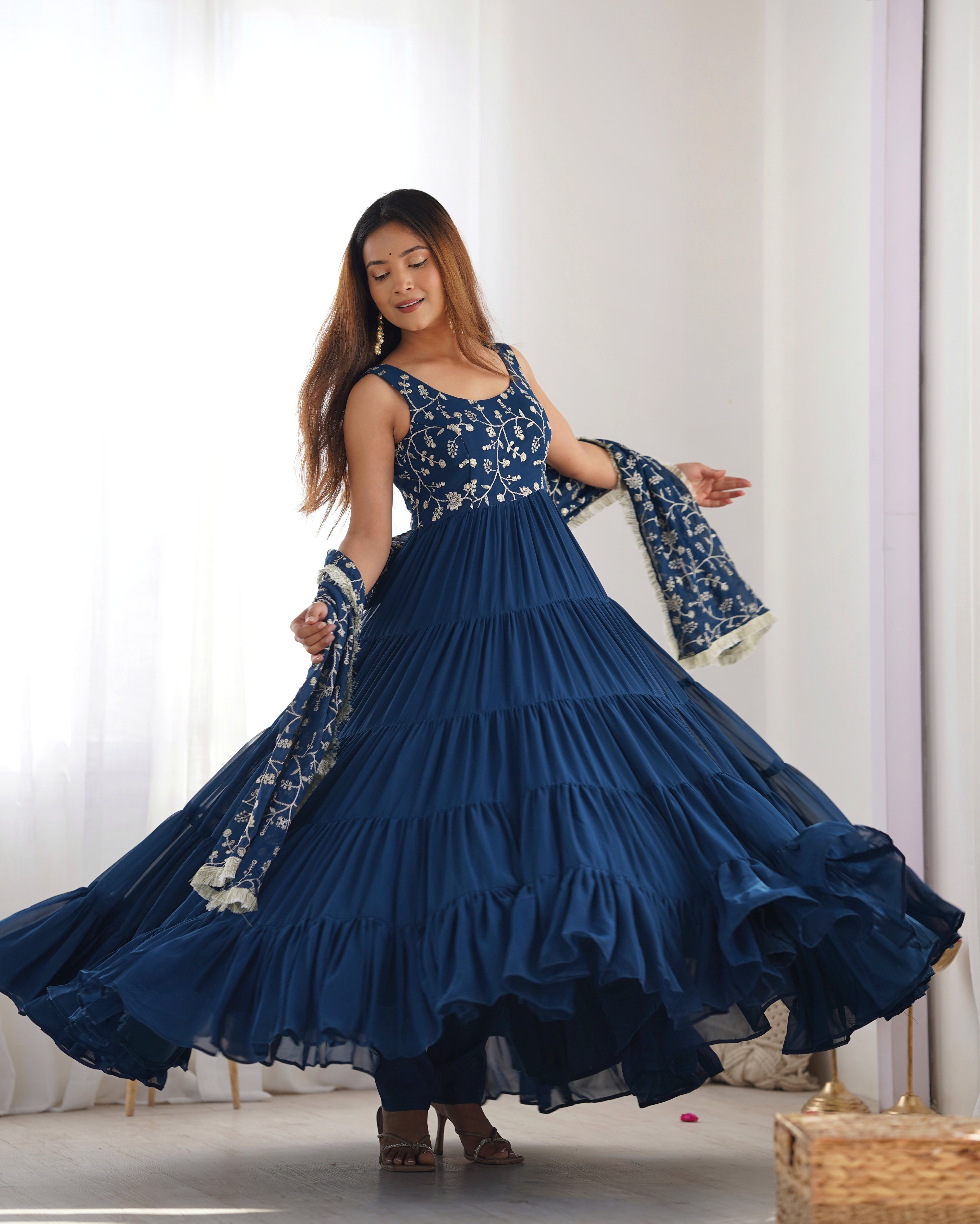 Teal Blue Color Pure Soft Foux Georgette Anarkali Suit With Huge Flair Comes With Duppatta & Pant
