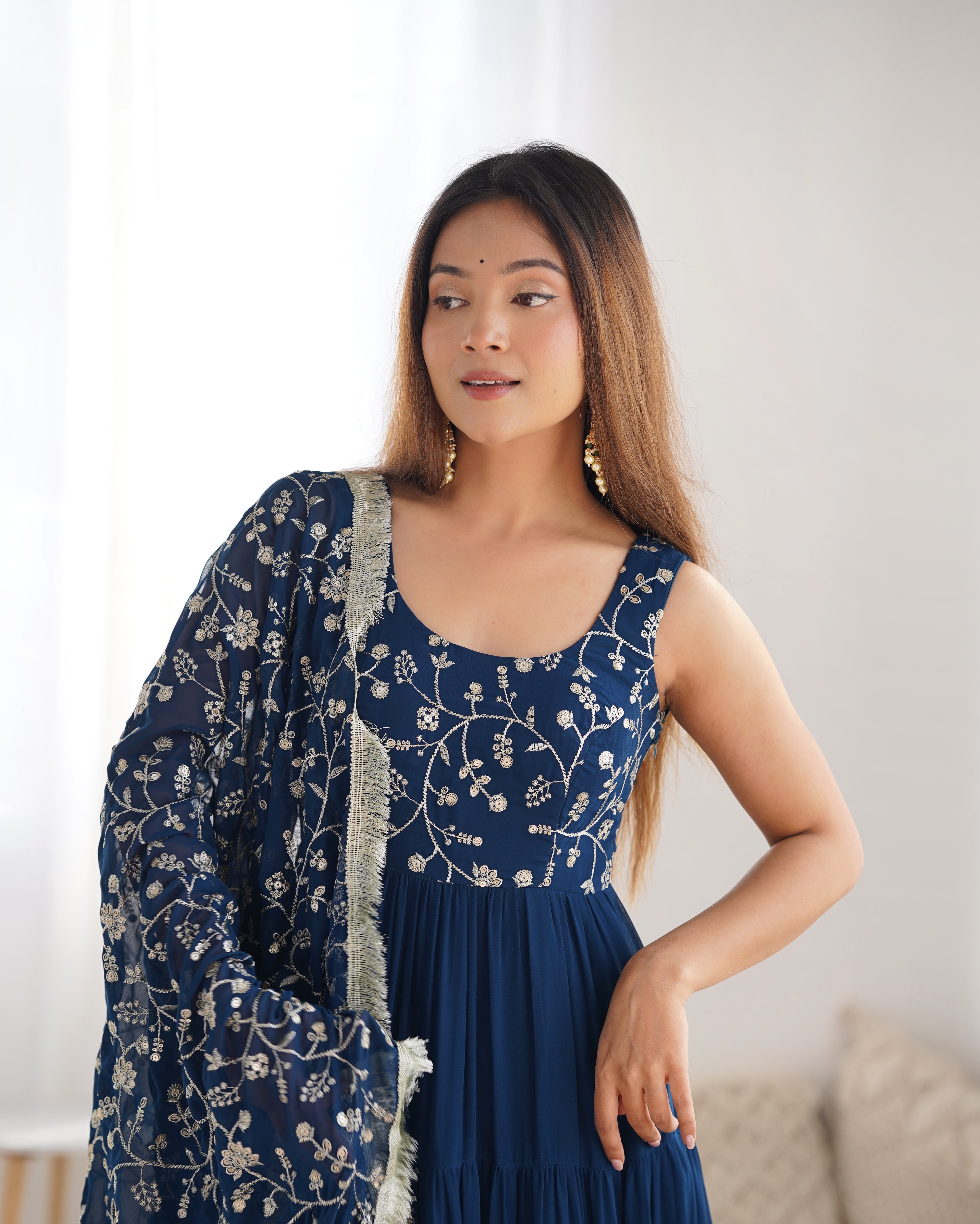 Teal Blue Color Pure Soft Foux Georgette Anarkali Suit With Huge Flair Comes With Duppatta & Pant
