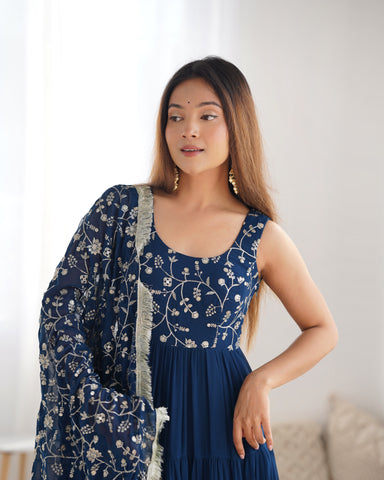 Teal Blue Color Pure Soft Foux Georgette Anarkali Suit With Huge Flair Comes With Duppatta & Pant
