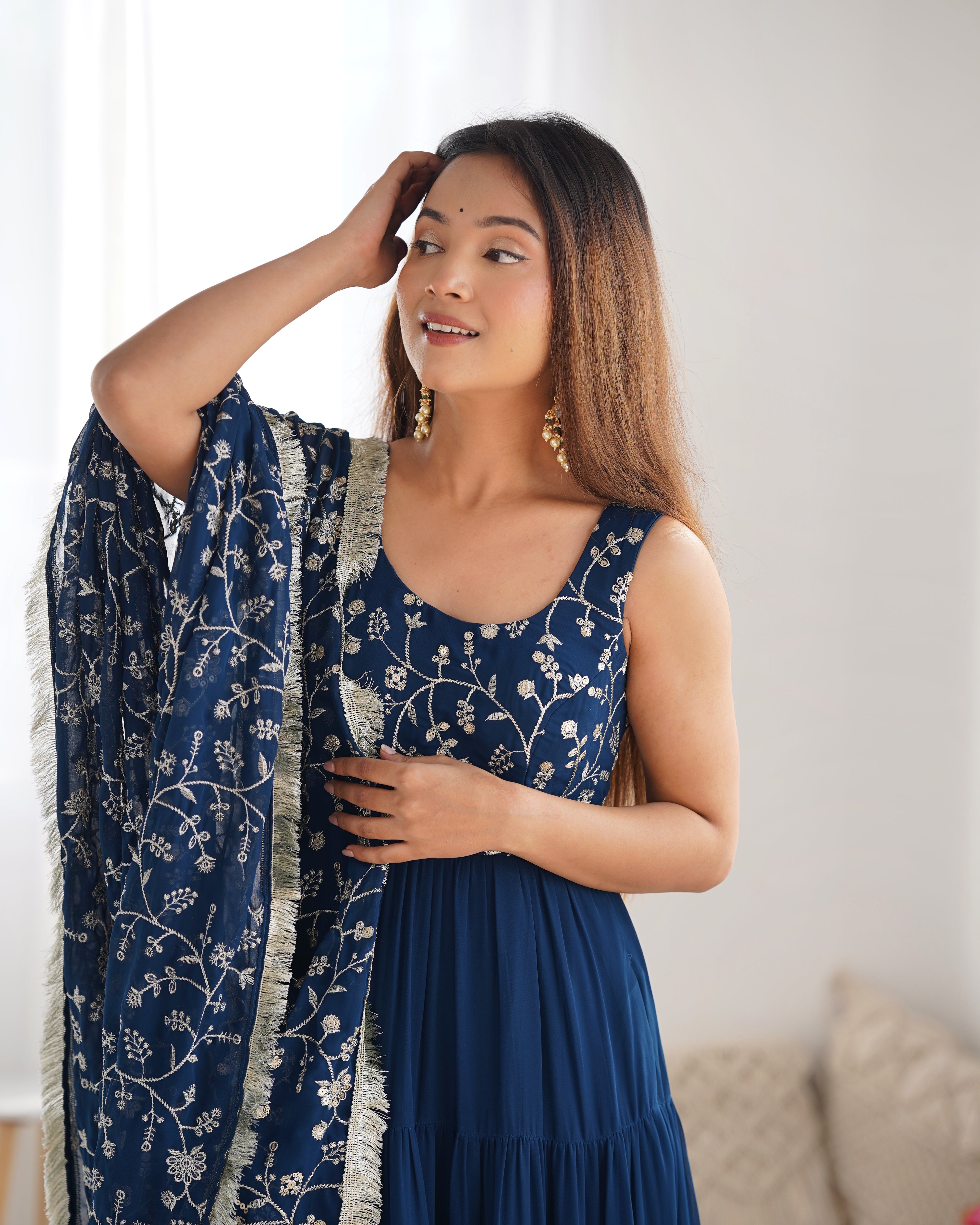 Teal Blue Color Pure Soft Foux Georgette Anarkali Suit With Huge Flair Comes With Duppatta & Pant
