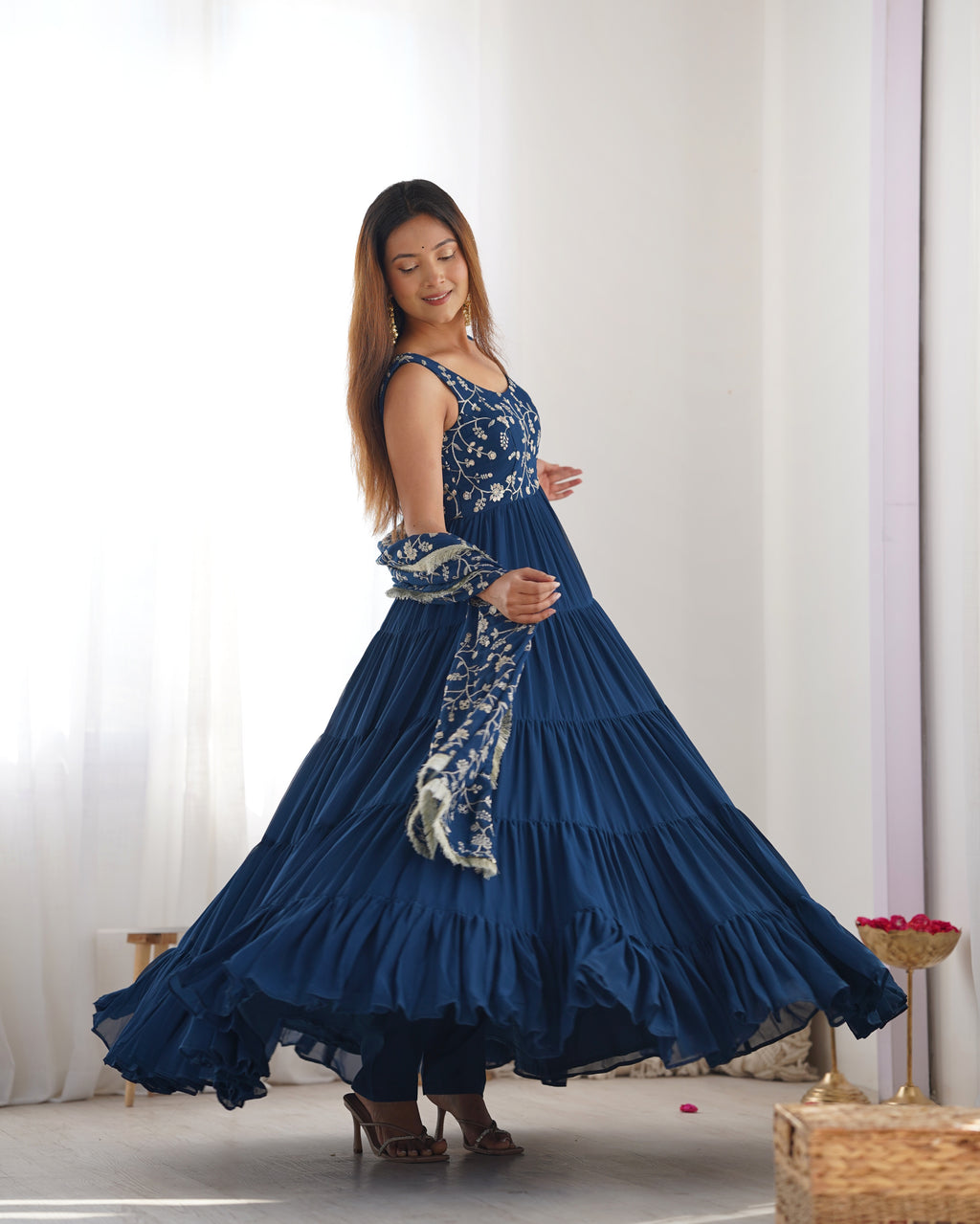 Teal Blue Color Pure Soft Foux Georgette Anarkali Suit With Huge Flair Comes With Duppatta & Pant
