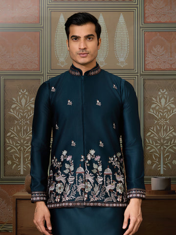 Traditional Teal Blue Koti Kurta Set for Mens Wear
