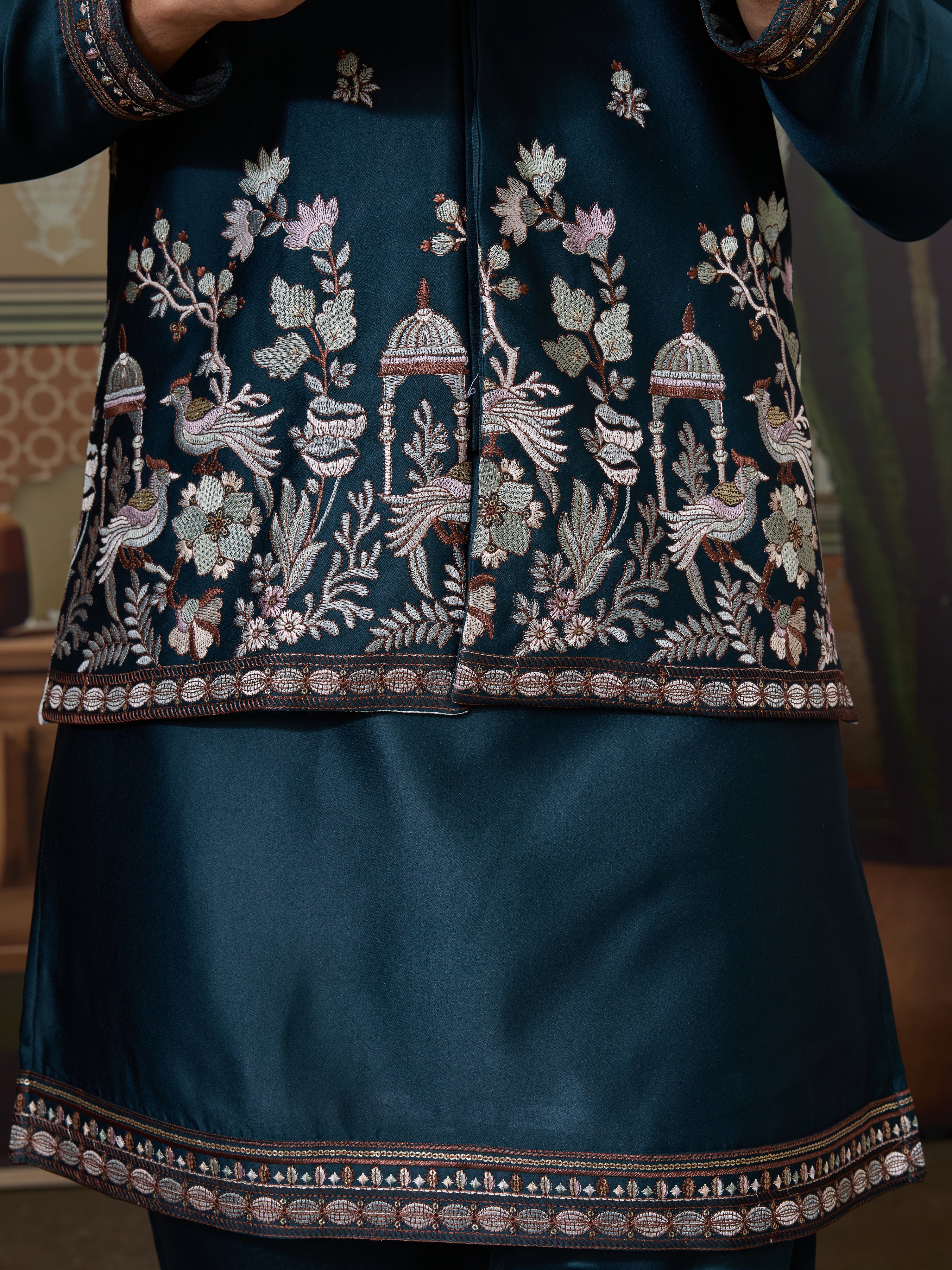 Traditional Teal Blue Koti Kurta Set for Mens Wear