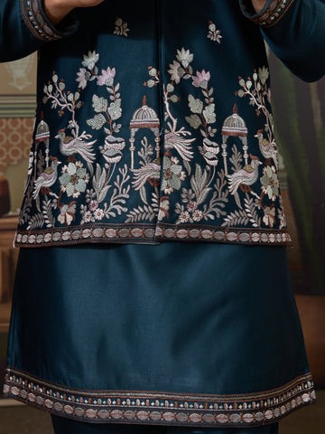 Traditional Teal Blue Koti Kurta Set for Mens Wear