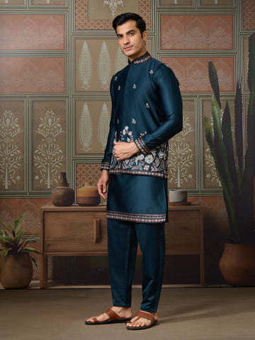 Traditional Teal Blue Koti Kurta Set for Mens Wear